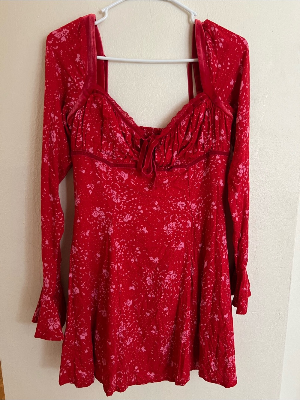 Free People Red Floral Mini Dress with Velvet Bow